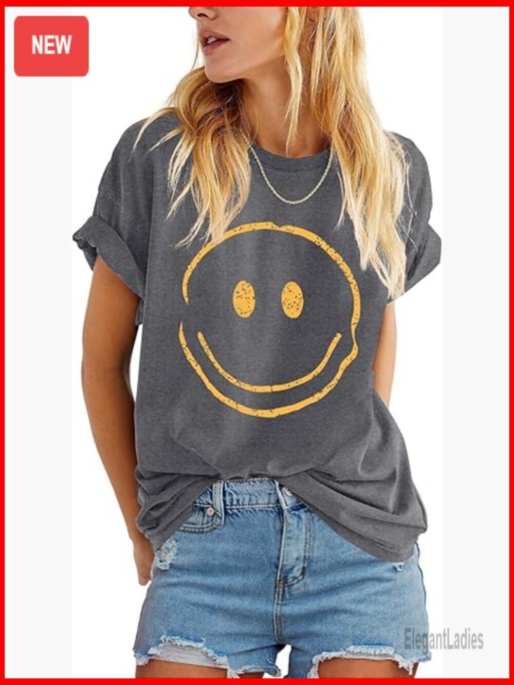 Oversized Vintage Smile Face Graphic Tee, Loose Fit Short Sleeve Top